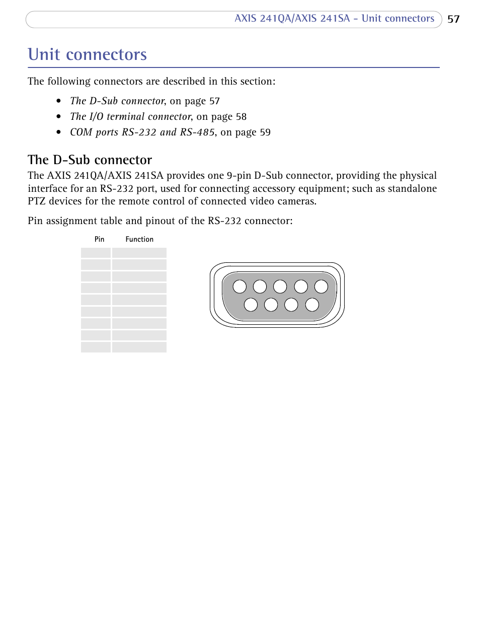 Unit connectors, The d-sub connector, Unit connectors , on | Axis Communications 241SA User Manual | Page 57 / 83