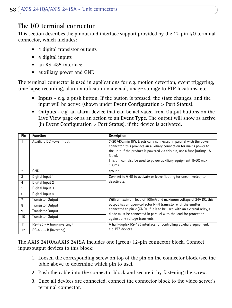 The i/o terminal connector | Axis Communications 241SA User Manual | Page 58 / 83