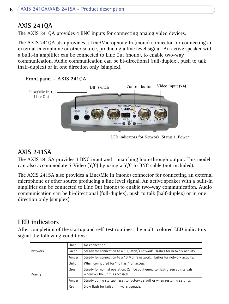 Axis 241qa, Axis 241sa, Led indicators | Axis 241qa axis 241sa led indicators | Axis Communications 241SA User Manual | Page 6 / 83