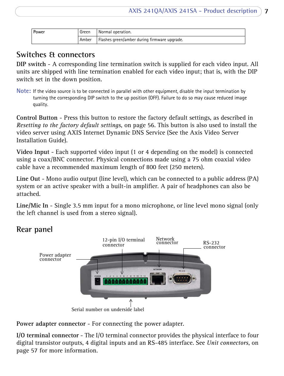 Switches & connectors, Rear panel, Switches & connectors rear panel | Axis Communications 241SA User Manual | Page 7 / 83