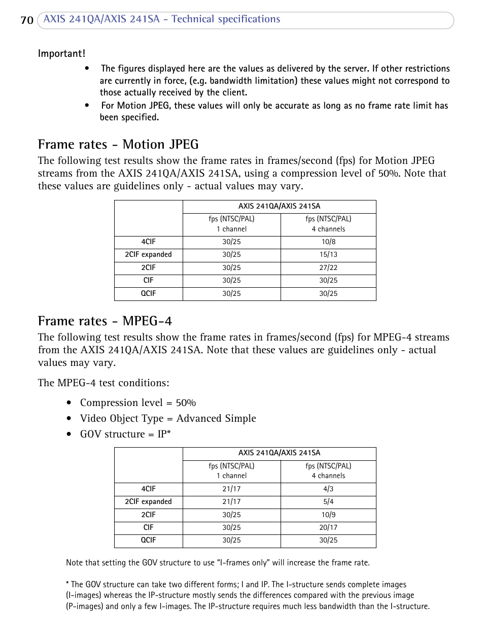 Frame rates - motion jpeg, Frame rates - mpeg-4, Frame rates - motion jpeg frame rates - mpeg-4 | Axis Communications 241SA User Manual | Page 70 / 83