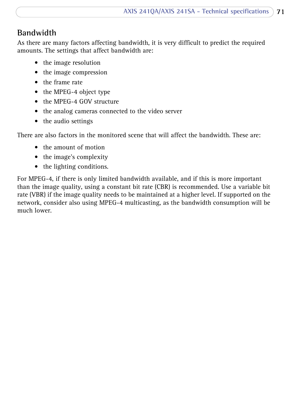 Bandwidth | Axis Communications 241SA User Manual | Page 71 / 83