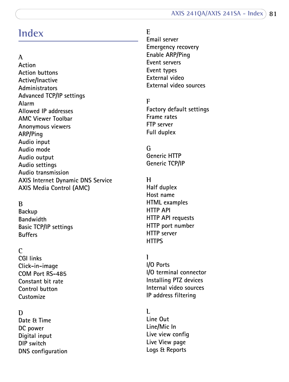 Index | Axis Communications 241SA User Manual | Page 81 / 83