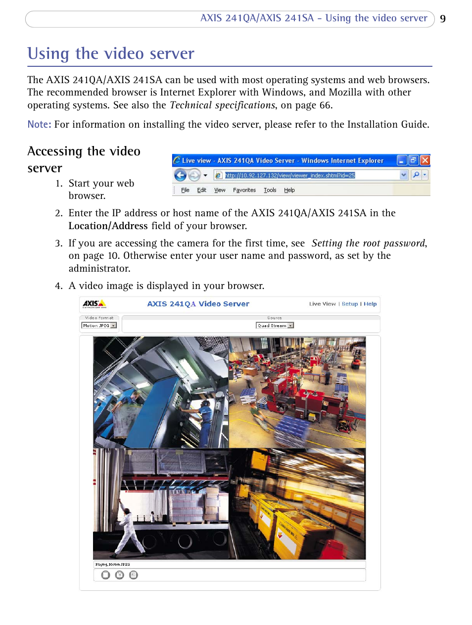Using the video server, Accessing the video server | Axis Communications 241SA User Manual | Page 9 / 83