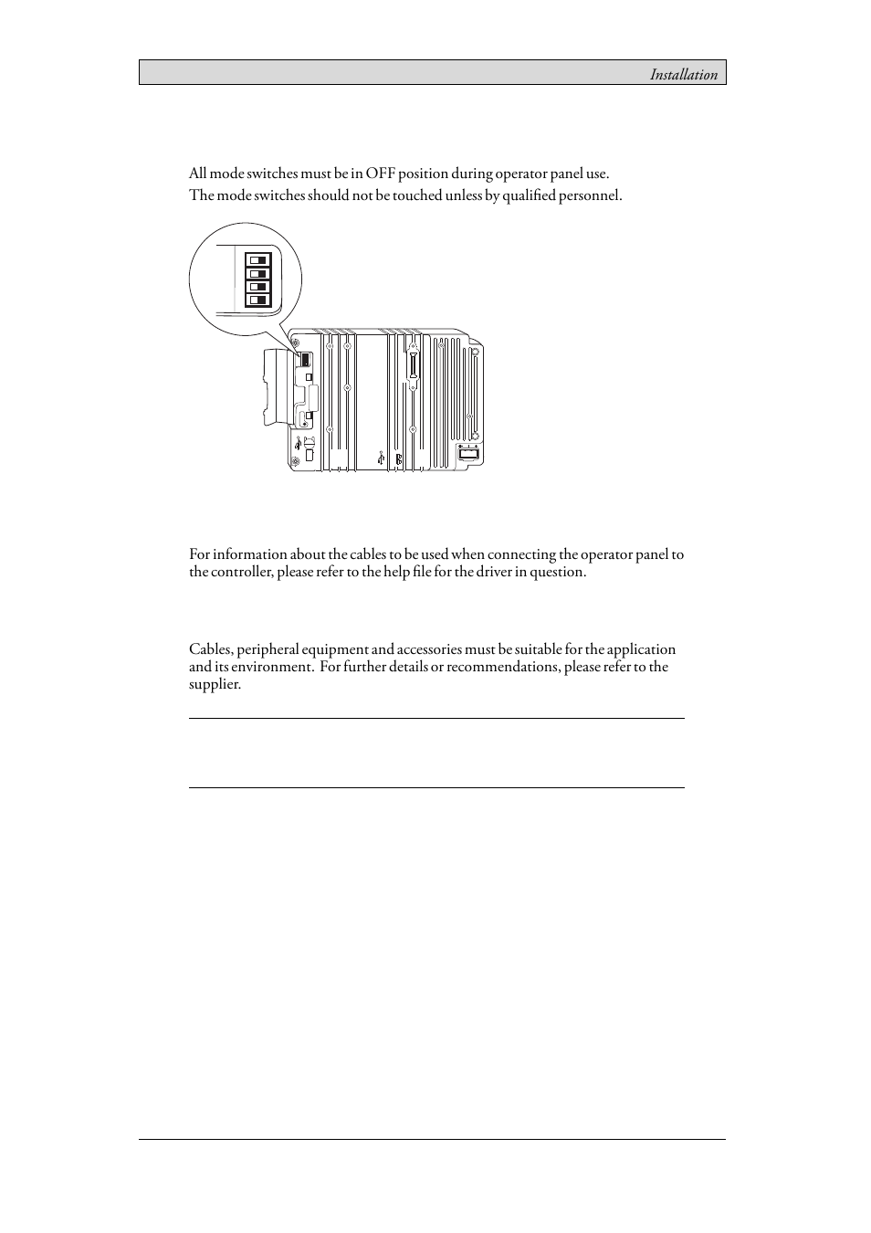 1 mode switches, 2 connections to the controller, 3 other connections and peripherals | Mode, Installation | Beijer Electronics iX Panel T150 EN User Manual | Page 9 / 23