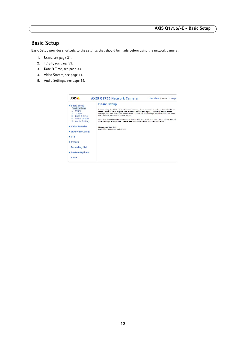 Basic setup | Axis Communications AXIS Q1755-E User Manual | Page 13 / 59