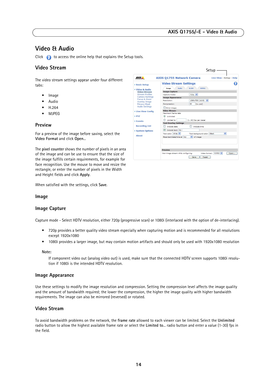 Video & audio, Video stream | Axis Communications AXIS Q1755-E User Manual | Page 14 / 59