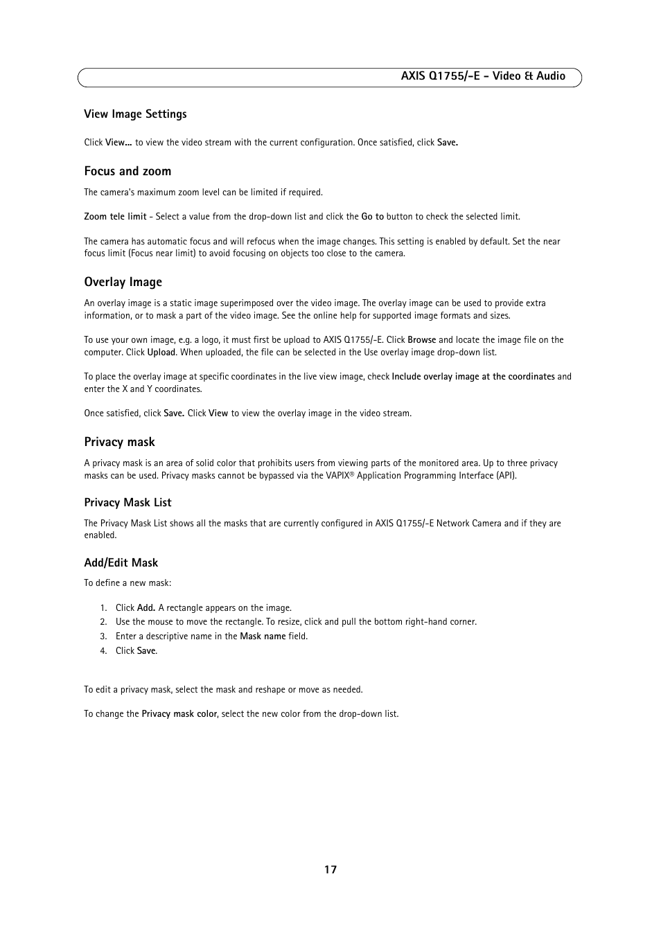 Focus and zoom, Overlay image, Privacy mask | Axis Communications AXIS Q1755-E User Manual | Page 17 / 59