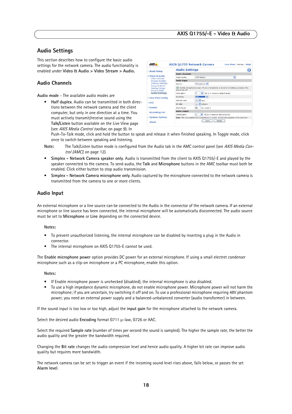 Audio settings, Audio, Settings | Axis Communications AXIS Q1755-E User Manual | Page 18 / 59
