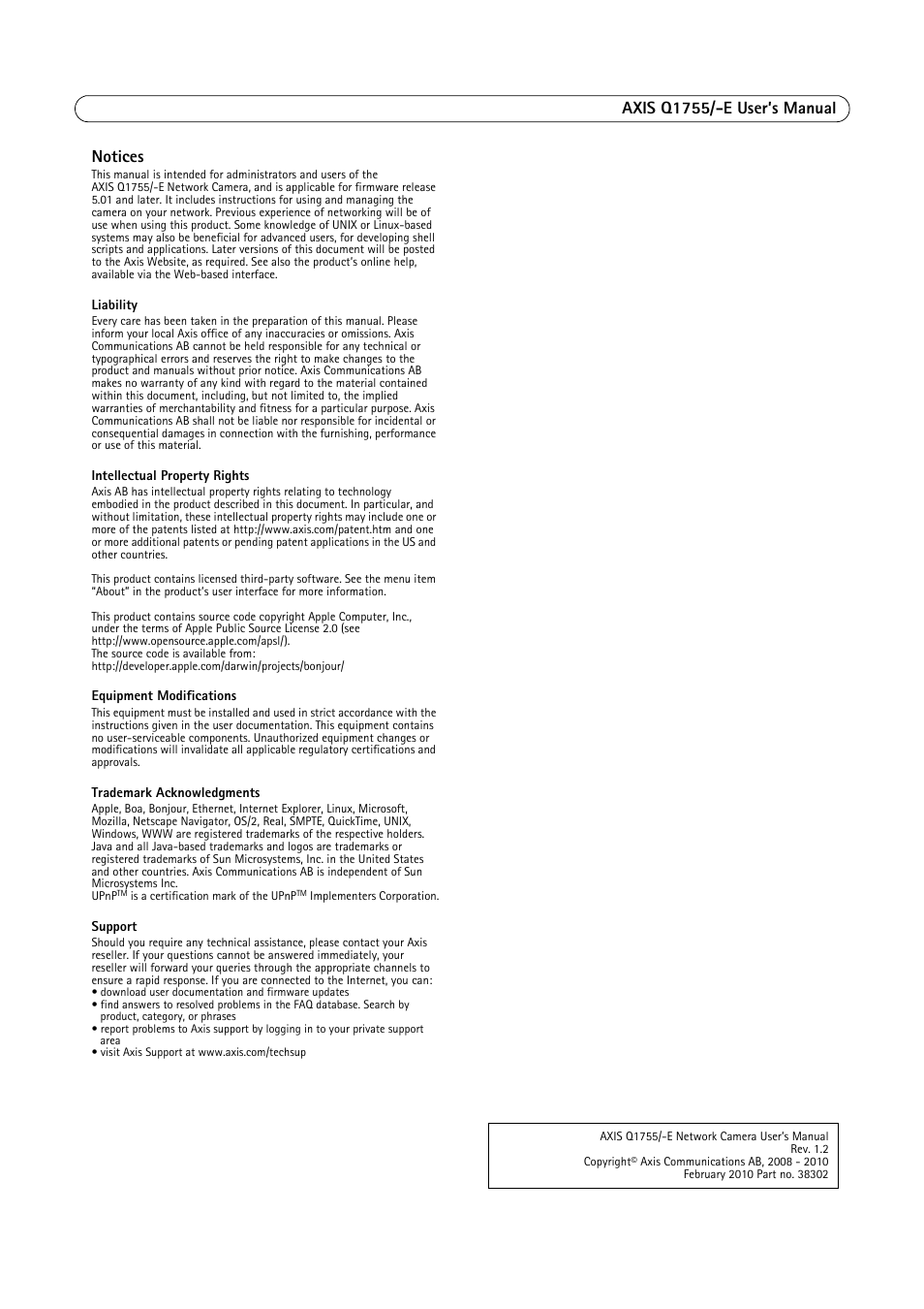 Axis q1755/-e user’s manual notices | Axis Communications AXIS Q1755-E User Manual | Page 2 / 59