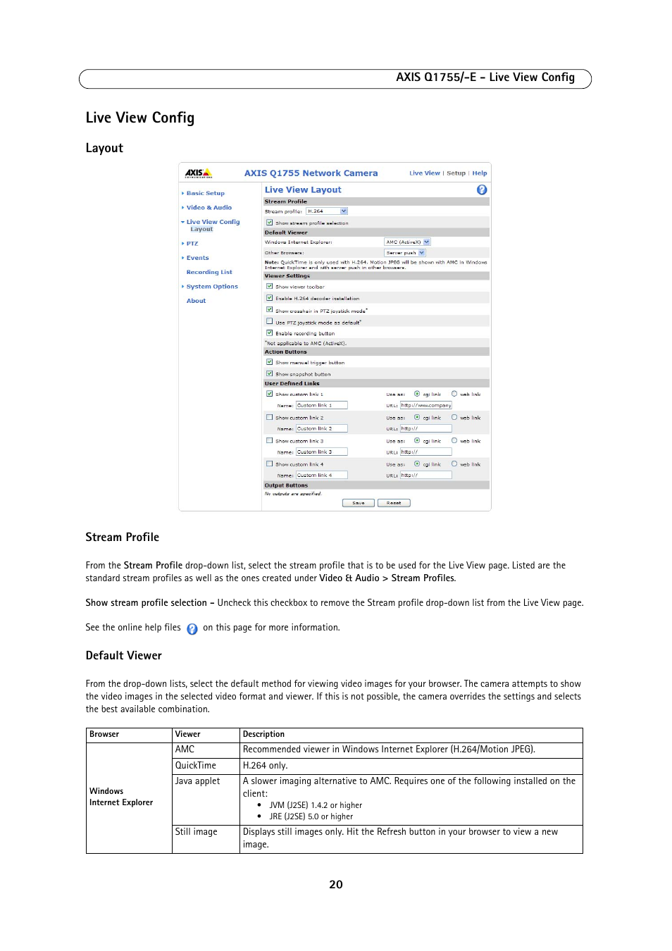 Live view config, Layout | Axis Communications AXIS Q1755-E User Manual | Page 20 / 59