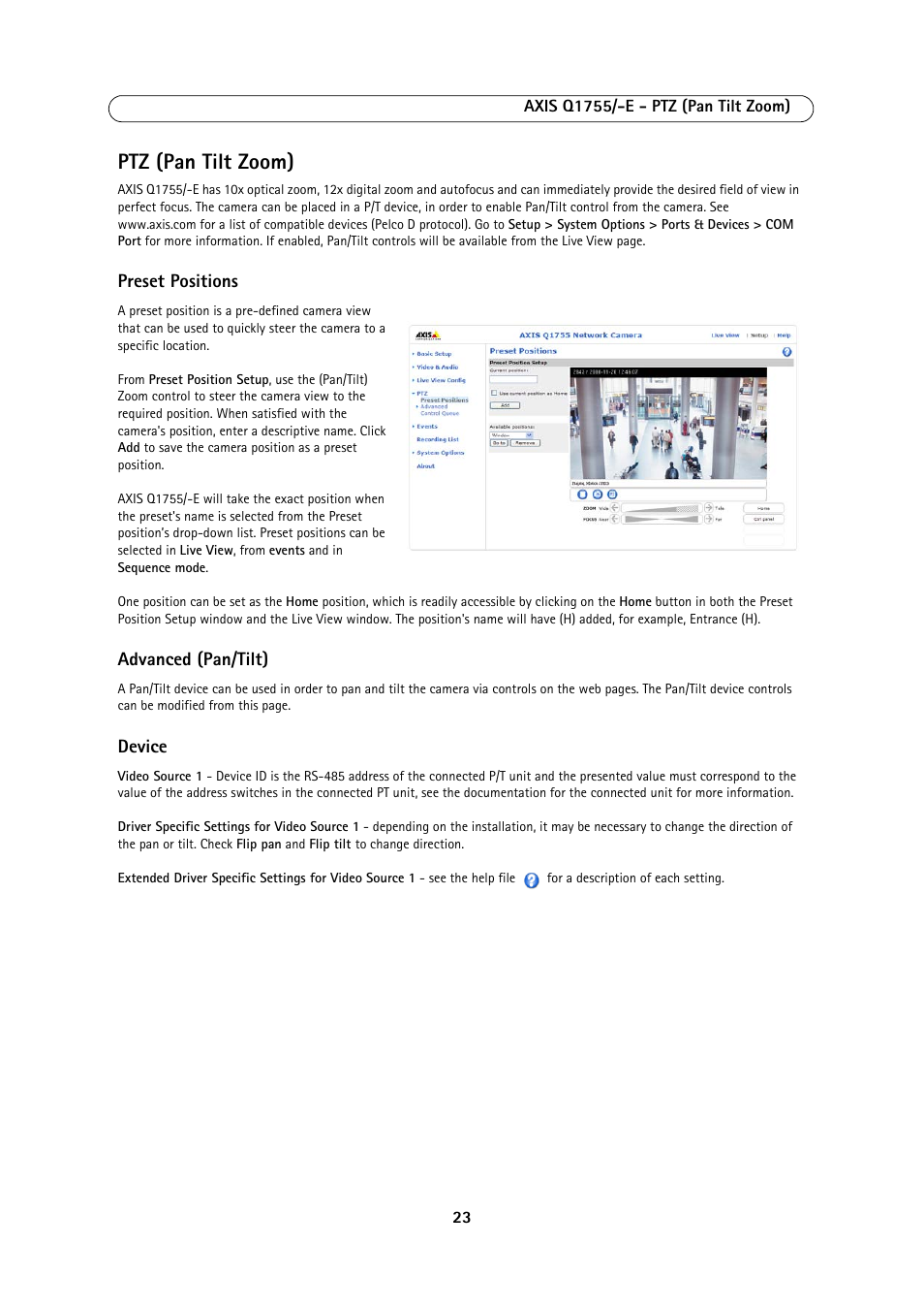 Ptz (pan tilt zoom), Preset positions, Advanced (pan/tilt) | Device | Axis Communications AXIS Q1755-E User Manual | Page 23 / 59