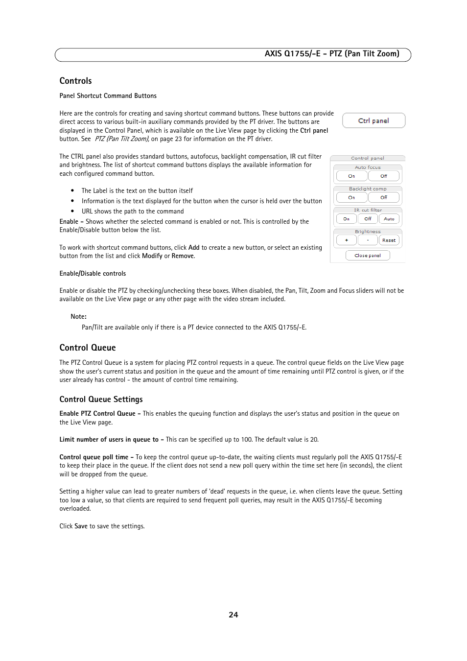 Controls, Control queue | Axis Communications AXIS Q1755-E User Manual | Page 24 / 59