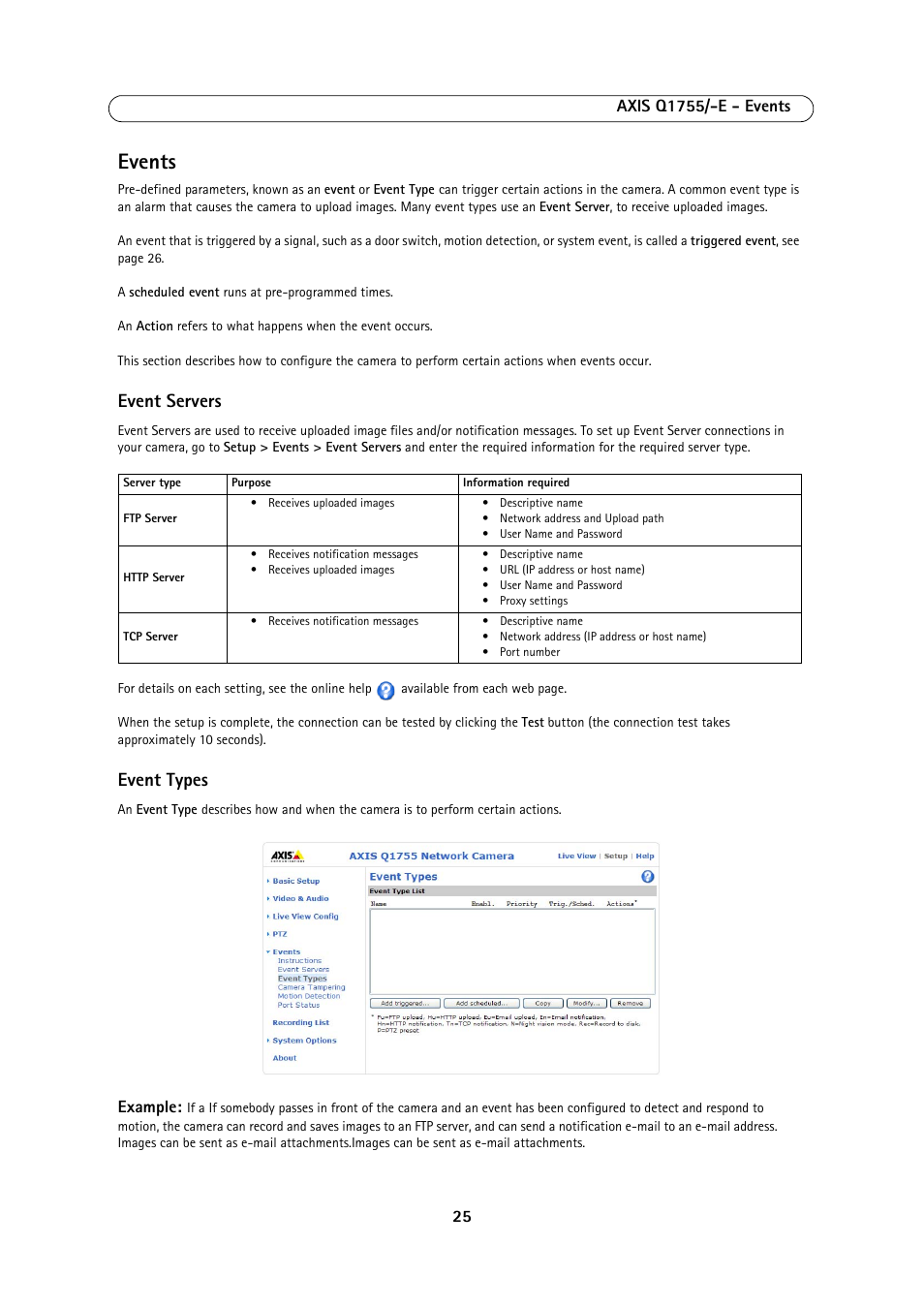 Events, Event servers, Event types | Manually trigger and stop an event. see | Axis Communications AXIS Q1755-E User Manual | Page 25 / 59