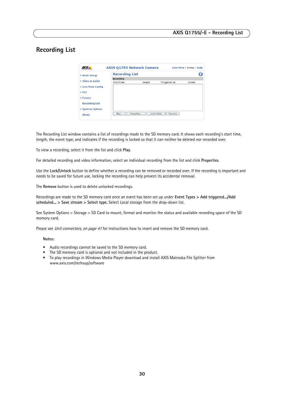 Recording list | Axis Communications AXIS Q1755-E User Manual | Page 30 / 59