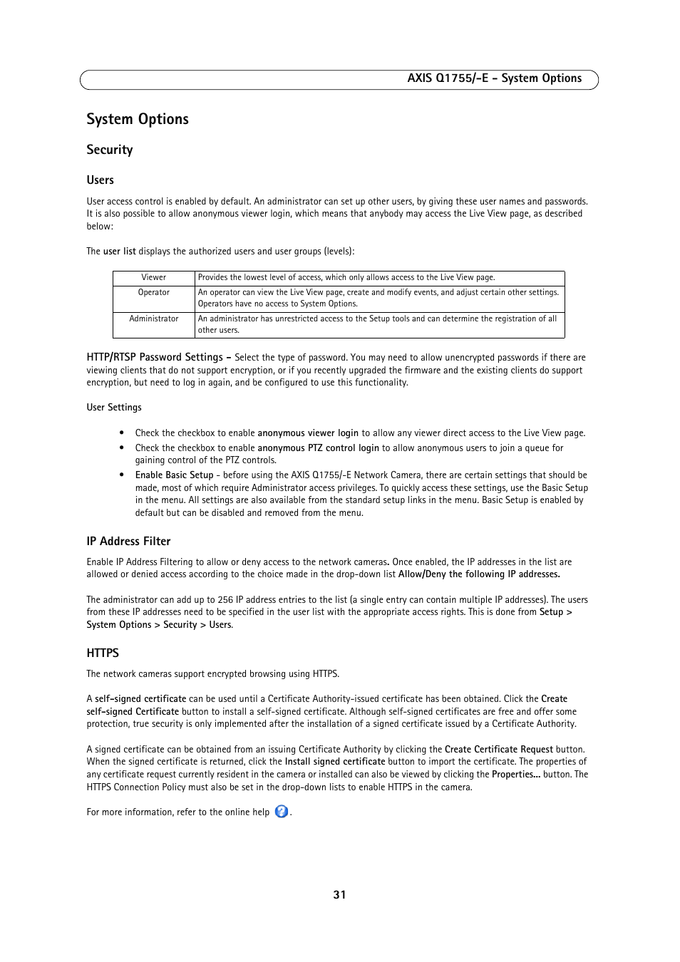 System options, Security | Axis Communications AXIS Q1755-E User Manual | Page 31 / 59