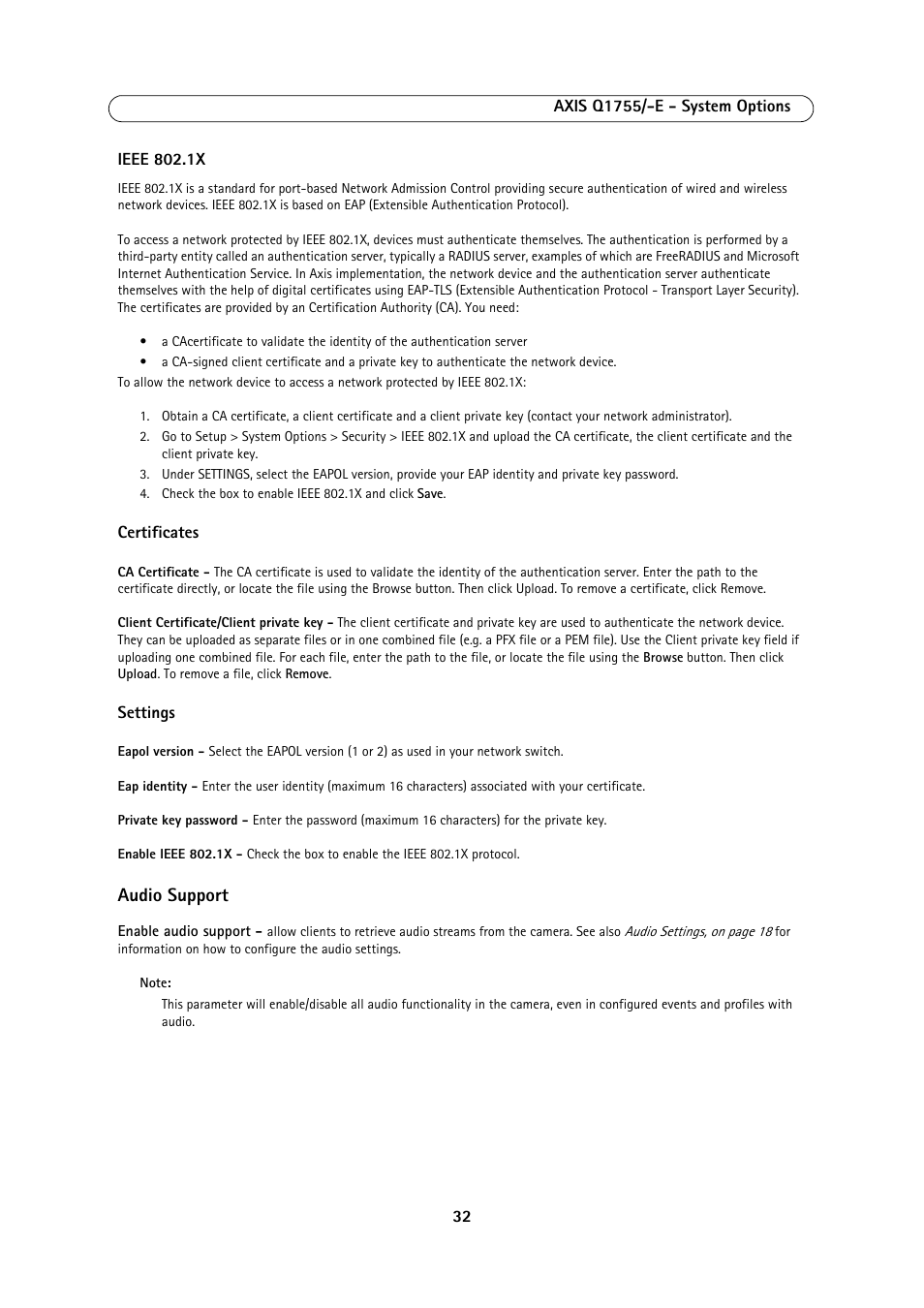 Audio support | Axis Communications AXIS Q1755-E User Manual | Page 32 / 59
