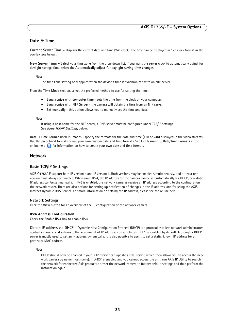 Date & time, Network | Axis Communications AXIS Q1755-E User Manual | Page 33 / 59