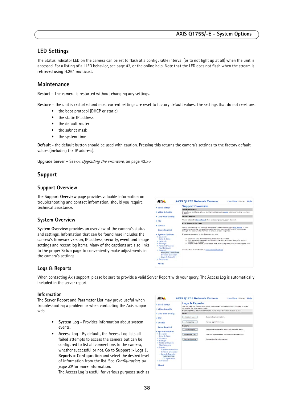 Led settings, Maintenance, Support | Axis Communications AXIS Q1755-E User Manual | Page 38 / 59