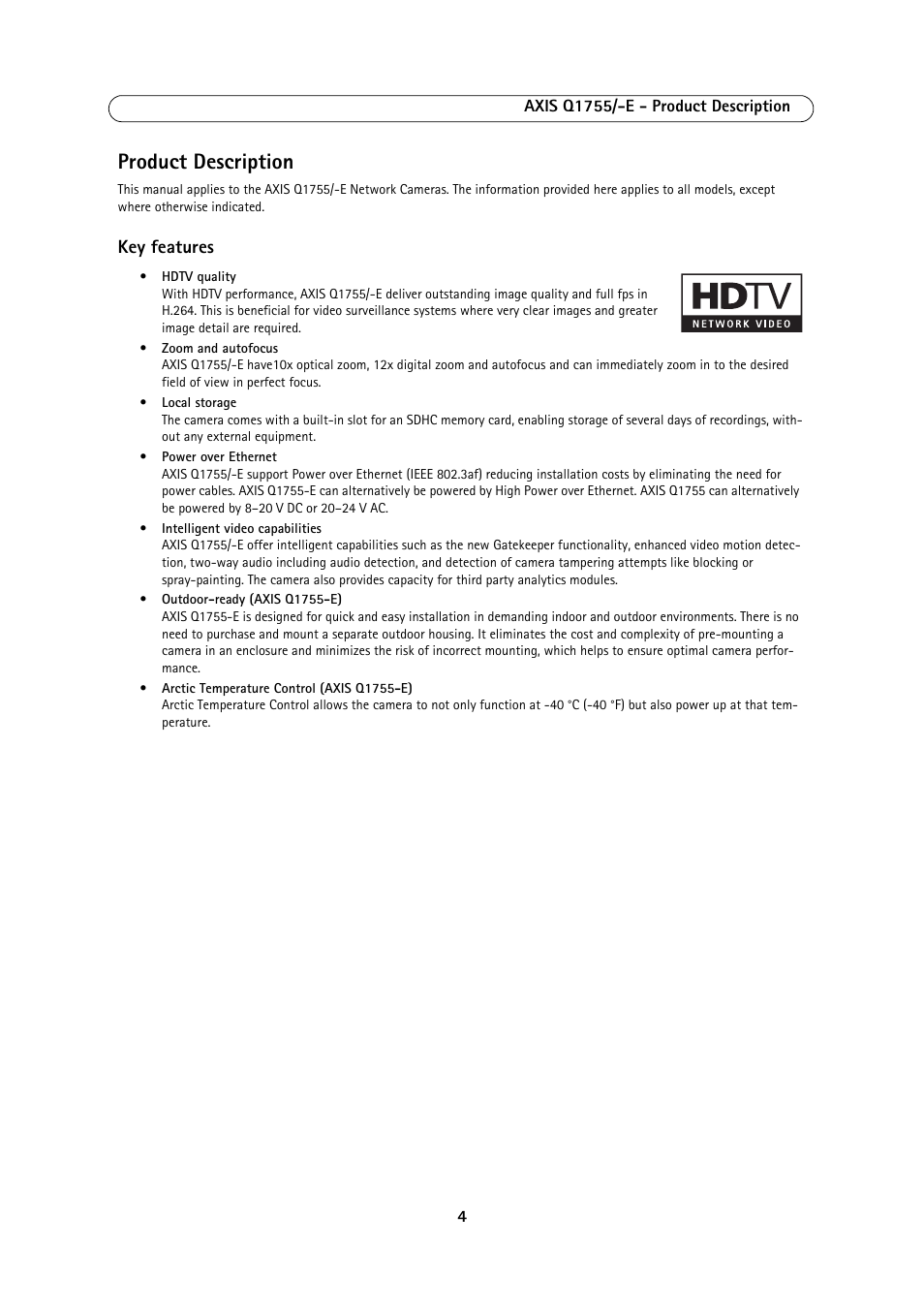 Product description, Key features | Axis Communications AXIS Q1755-E User Manual | Page 4 / 59