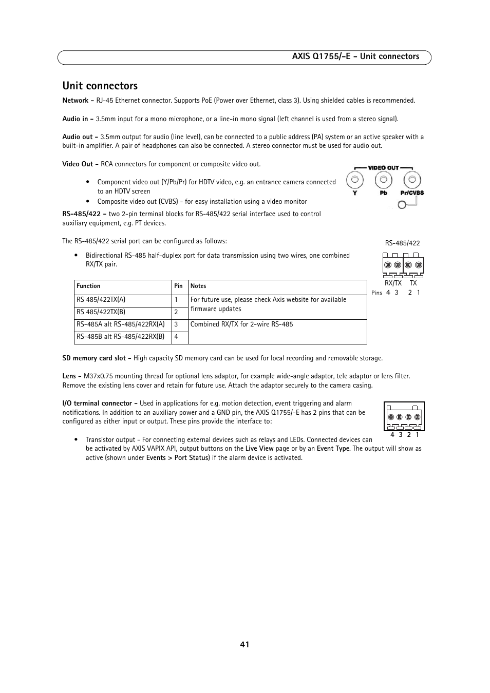 Unit connectors | Axis Communications AXIS Q1755-E User Manual | Page 41 / 59