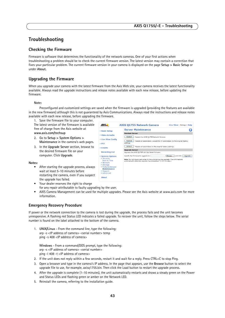 Troubleshooting, Checking the firmware, Upgrading the firmware | Axis Communications AXIS Q1755-E User Manual | Page 43 / 59