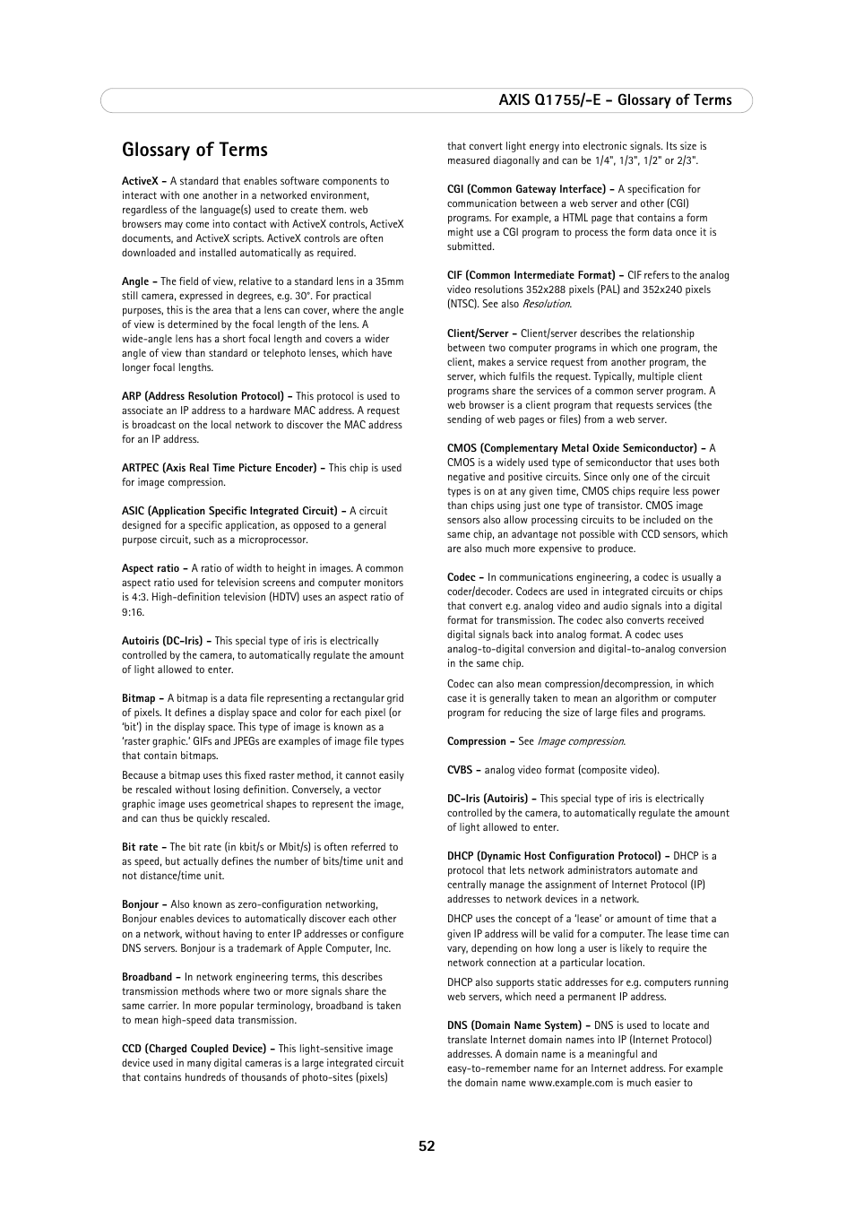 Glossary of terms | Axis Communications AXIS Q1755-E User Manual | Page 52 / 59