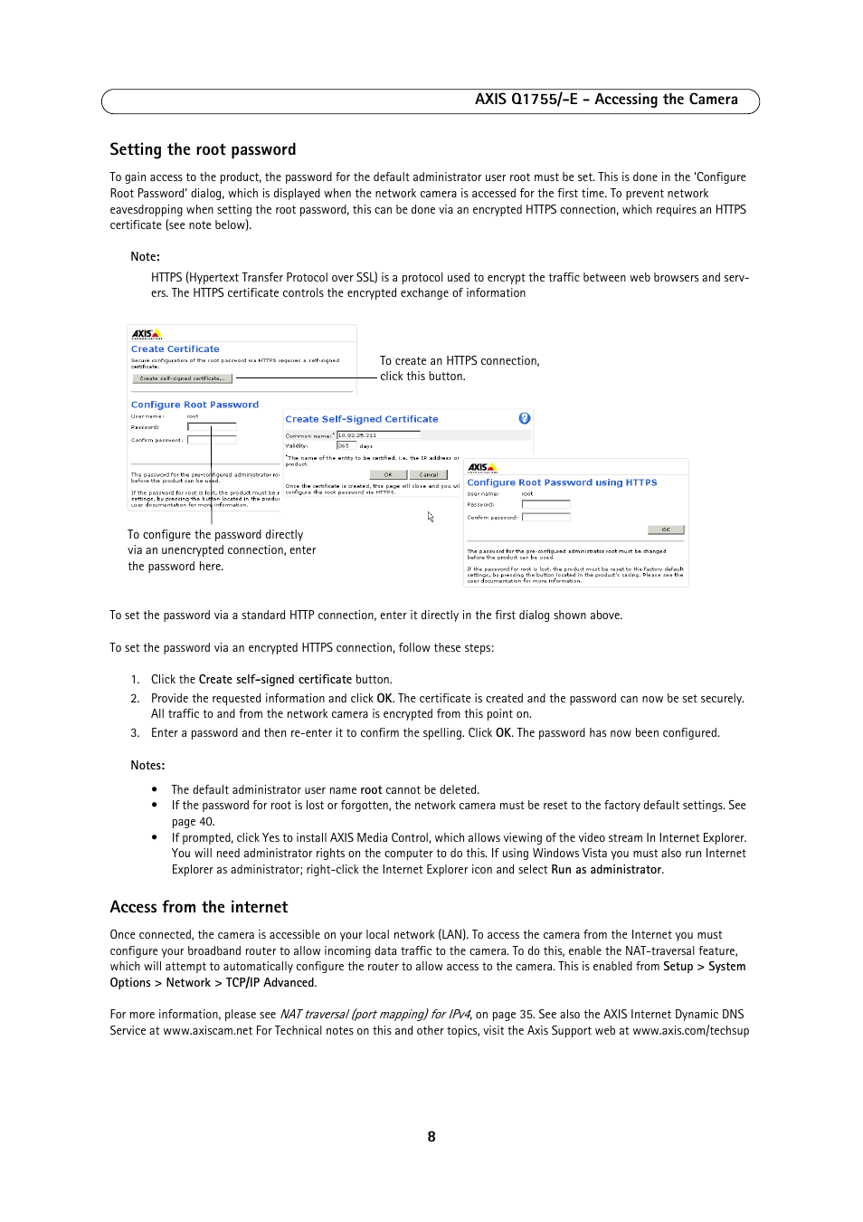 Setting the root password, Access from the internet | Axis Communications AXIS Q1755-E User Manual | Page 8 / 59