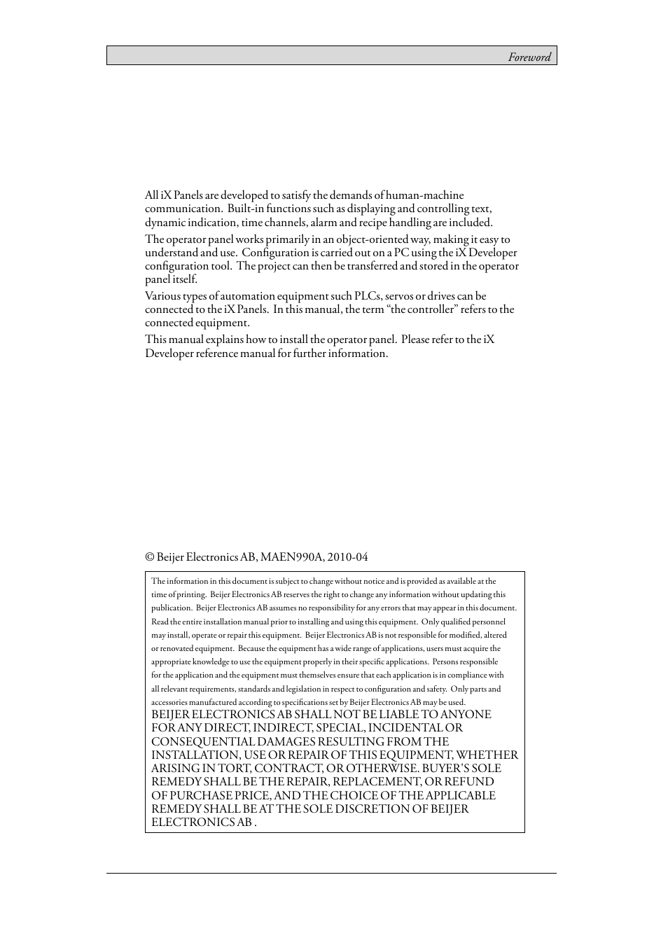Foreword, Installation manual for ix panel t70 | Beijer Electronics iX Panel T70 EN User Manual | Page 2 / 23