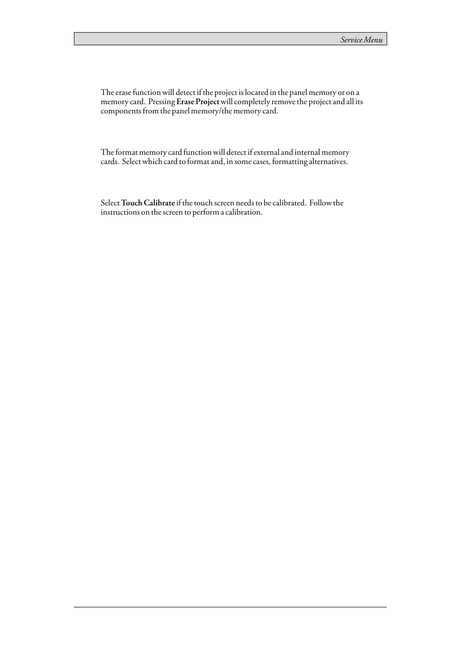 3 erase project, 4 format memory card, 5 touch calibrate | Beijer Electronics iX Panel T70 EN User Manual | Page 30 / 46