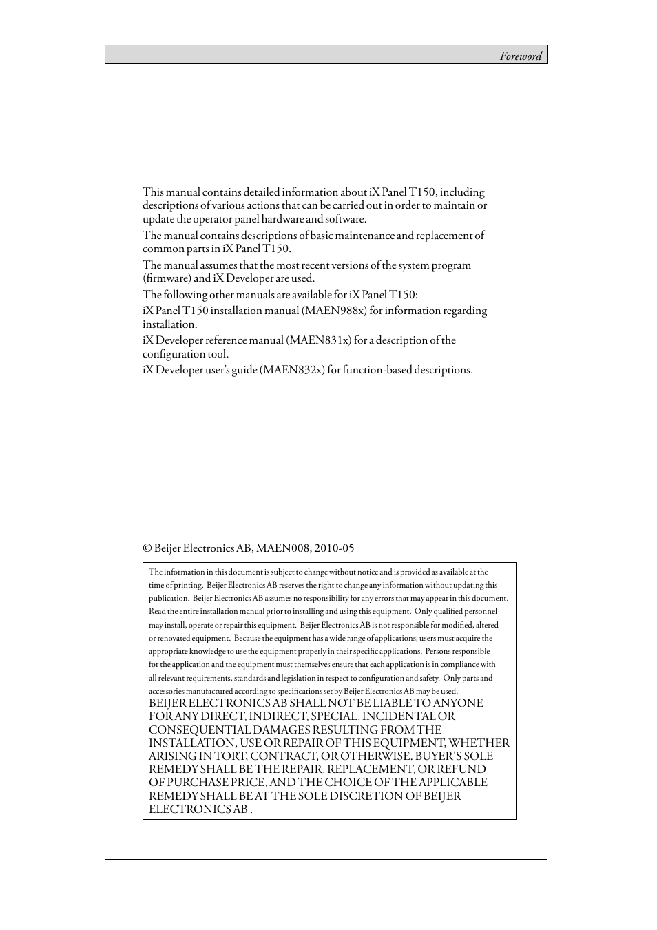 Foreword, Service & maintenance manual for ix panel t150 | Beijer Electronics iX Panel T150 EN User Manual | Page 2 / 47
