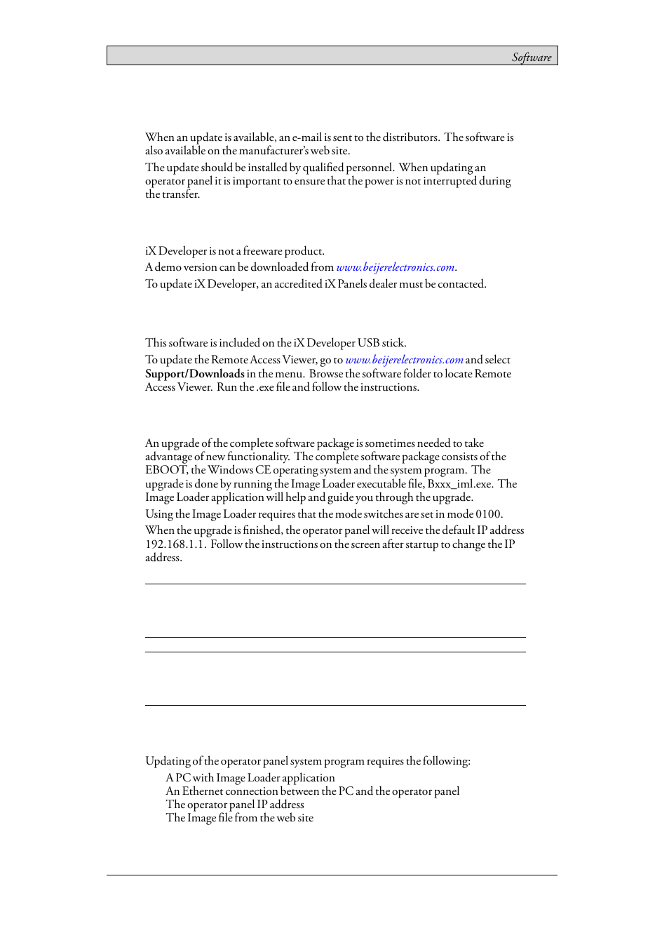 2 update software, 1 ix developer, 2 remote access viewer | 3 system program, Requirements | Beijer Electronics iX Panel T150 EN User Manual | Page 43 / 47