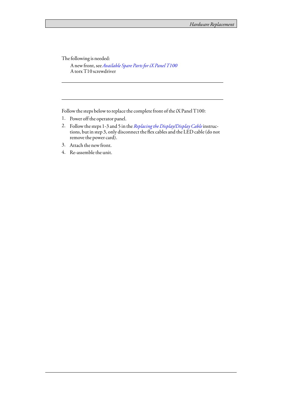 5 replacing the complete front, Replacing the complete front | Beijer Electronics iX Panel T100 EN User Manual | Page 26 / 46