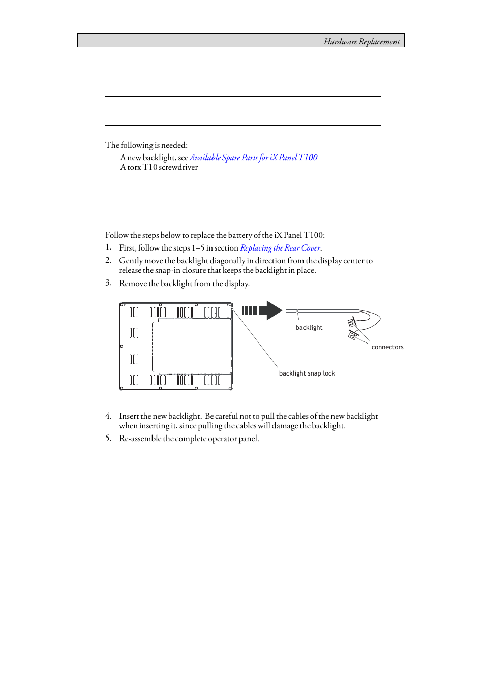6 replacing the backlight, Replacing the backlight | Beijer Electronics iX Panel T100 EN User Manual | Page 27 / 46