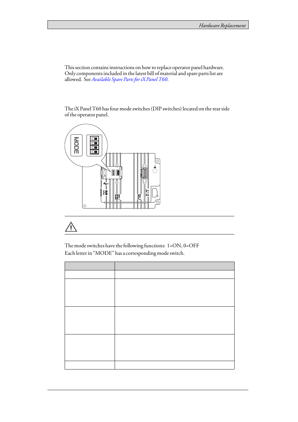 7 hardware replacement, 1 mode switches, 7hardware replacement | Beijer Electronics iX Panel T60 EN User Manual | Page 19 / 45
