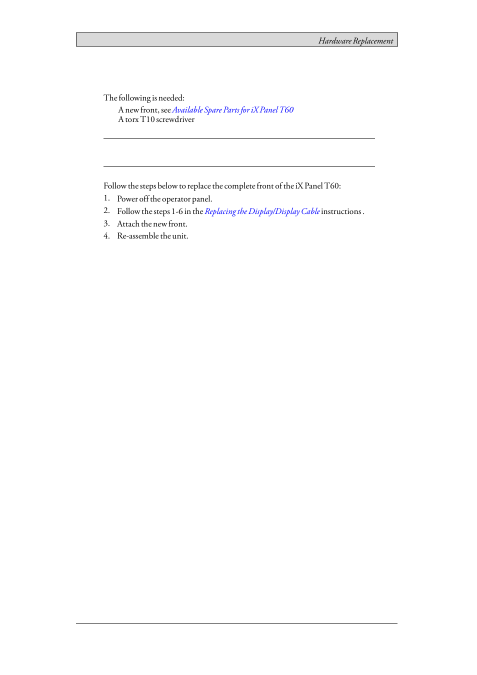 5 replacing the complete front, Replacing the complete front | Beijer Electronics iX Panel T60 EN User Manual | Page 24 / 45