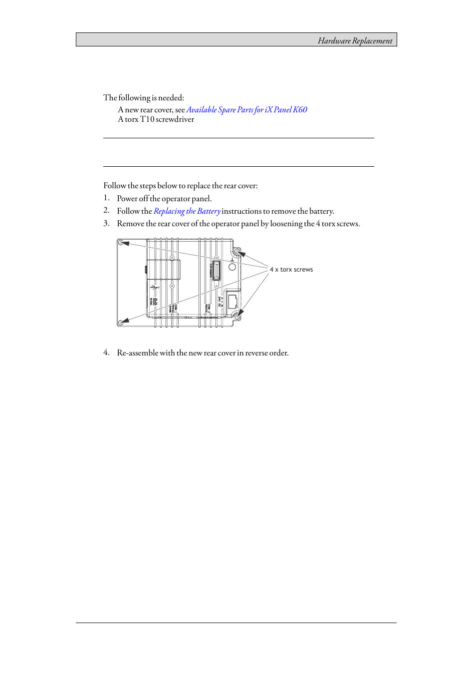 3 replacing the rear cover, Replacing the rear cover | Beijer Electronics iX Panel K60 EN User Manual | Page 21 / 45