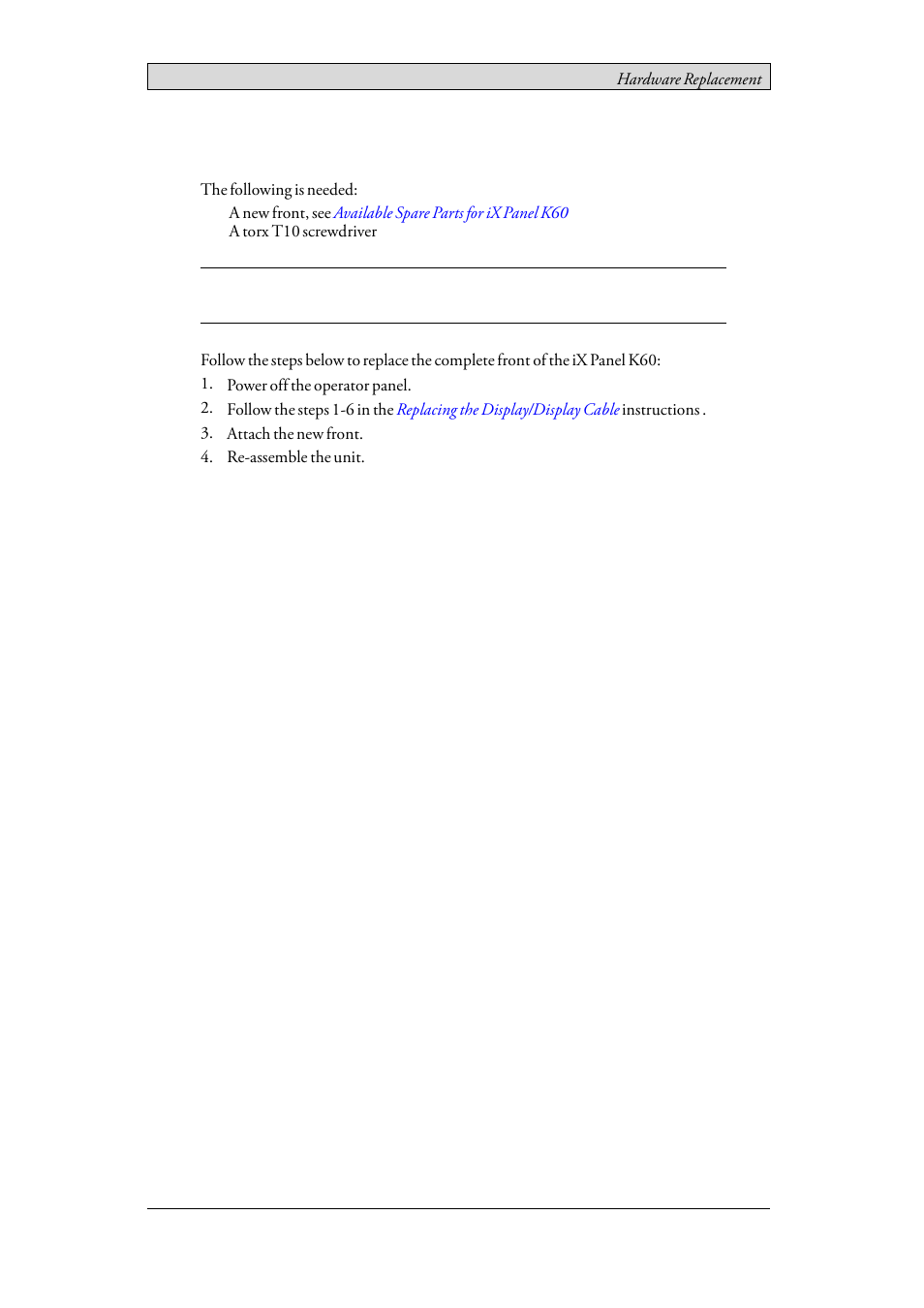 5 replacing the complete front, Replacing the complete front | Beijer Electronics iX Panel K60 EN User Manual | Page 24 / 45