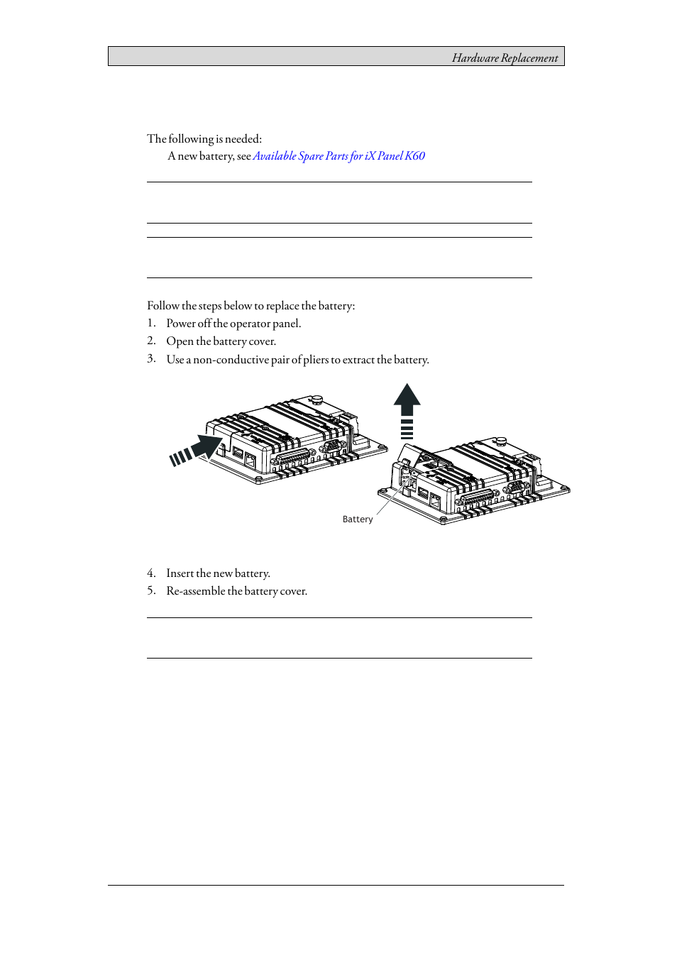 6 replacing the battery, Replacing the battery | Beijer Electronics iX Panel K60 EN User Manual | Page 25 / 45
