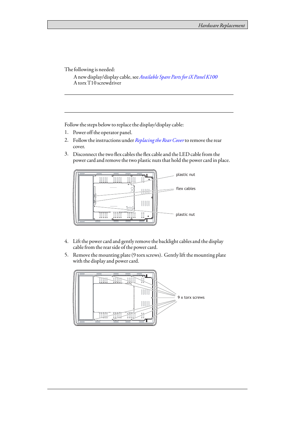 4 replacing the display/display cable, Replacing the display/display cable | Beijer Electronics iX Panel K100 EN User Manual | Page 24 / 46