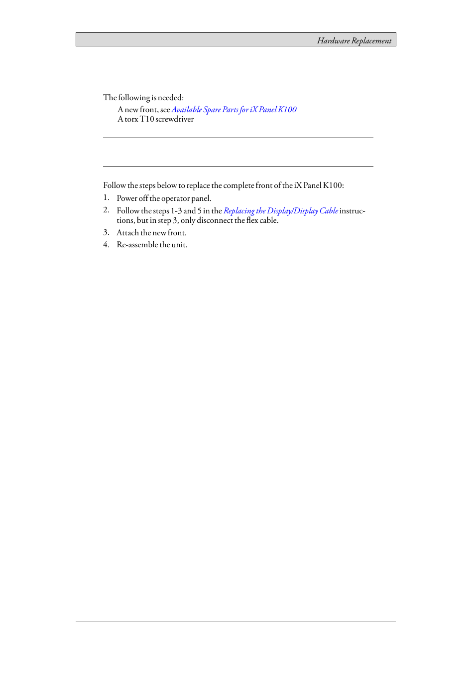 5 replacing the complete front, Replacing the complete front | Beijer Electronics iX Panel K100 EN User Manual | Page 26 / 46