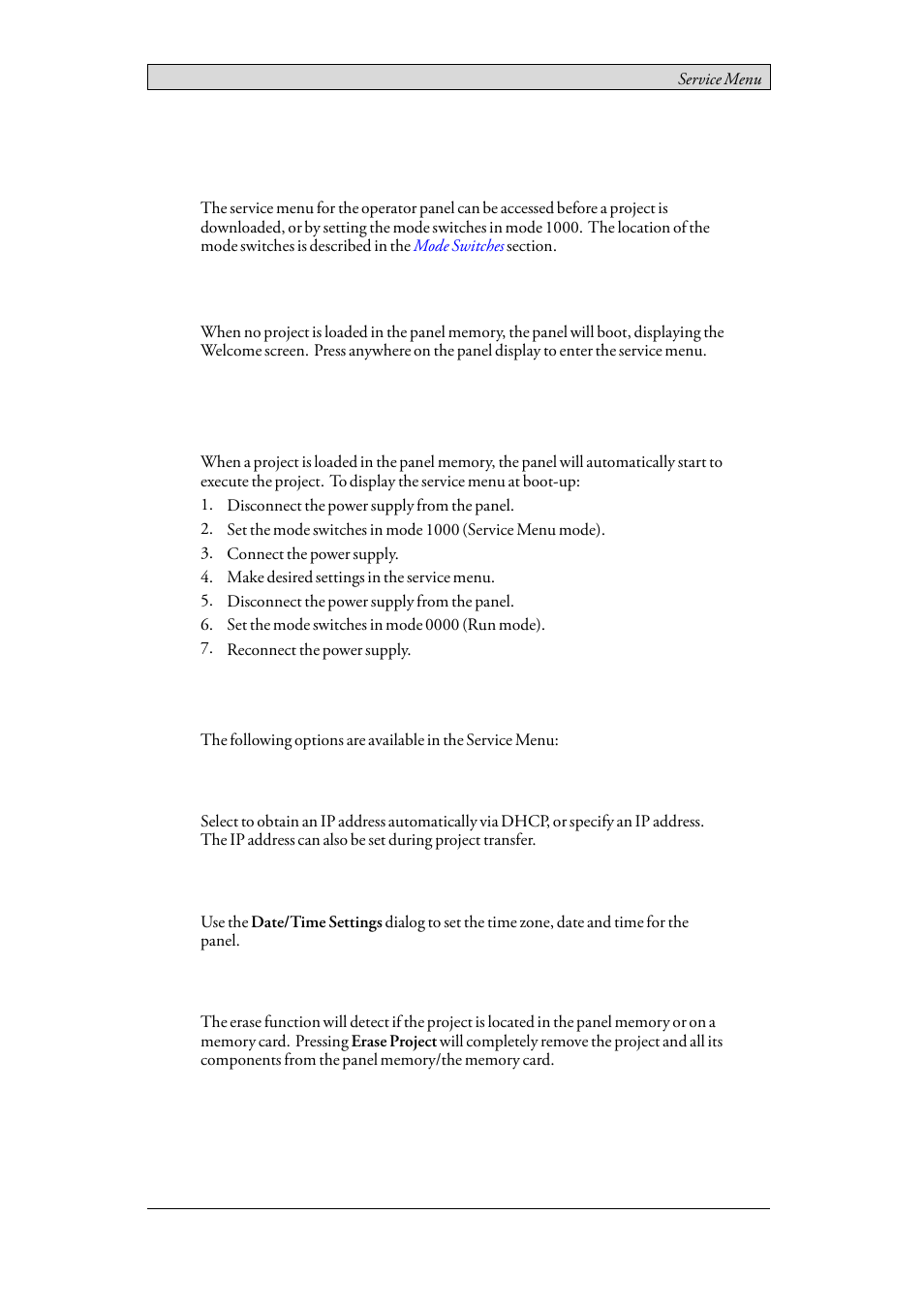 9 service menu, 1 service menu in an empty panel, 2 service menu in a panel with project | 3 service menu options, 1 ip settings, 2 date/time, 3 erase project, 9service menu | Beijer Electronics iX Panel K100 EN User Manual | Page 29 / 46