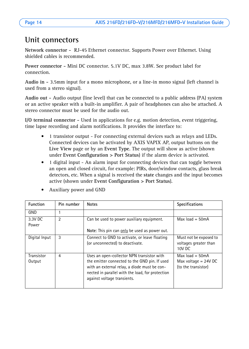 Unit connectors | Axis Communications Axis 216FD User Manual | Page 14 / 74