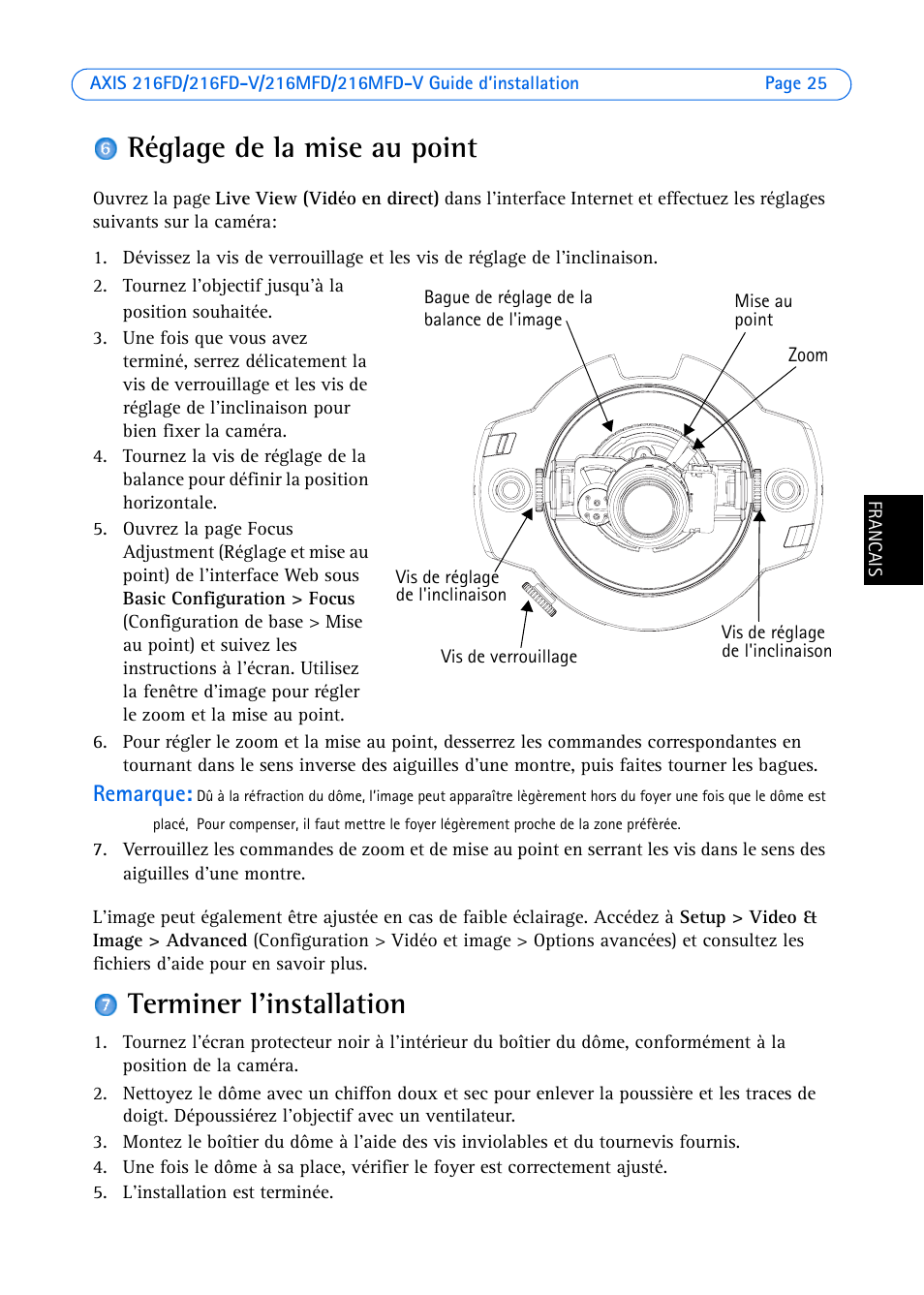 Terminer l'installation, Réglage de la mise au point | Axis Communications Axis 216FD User Manual | Page 25 / 74