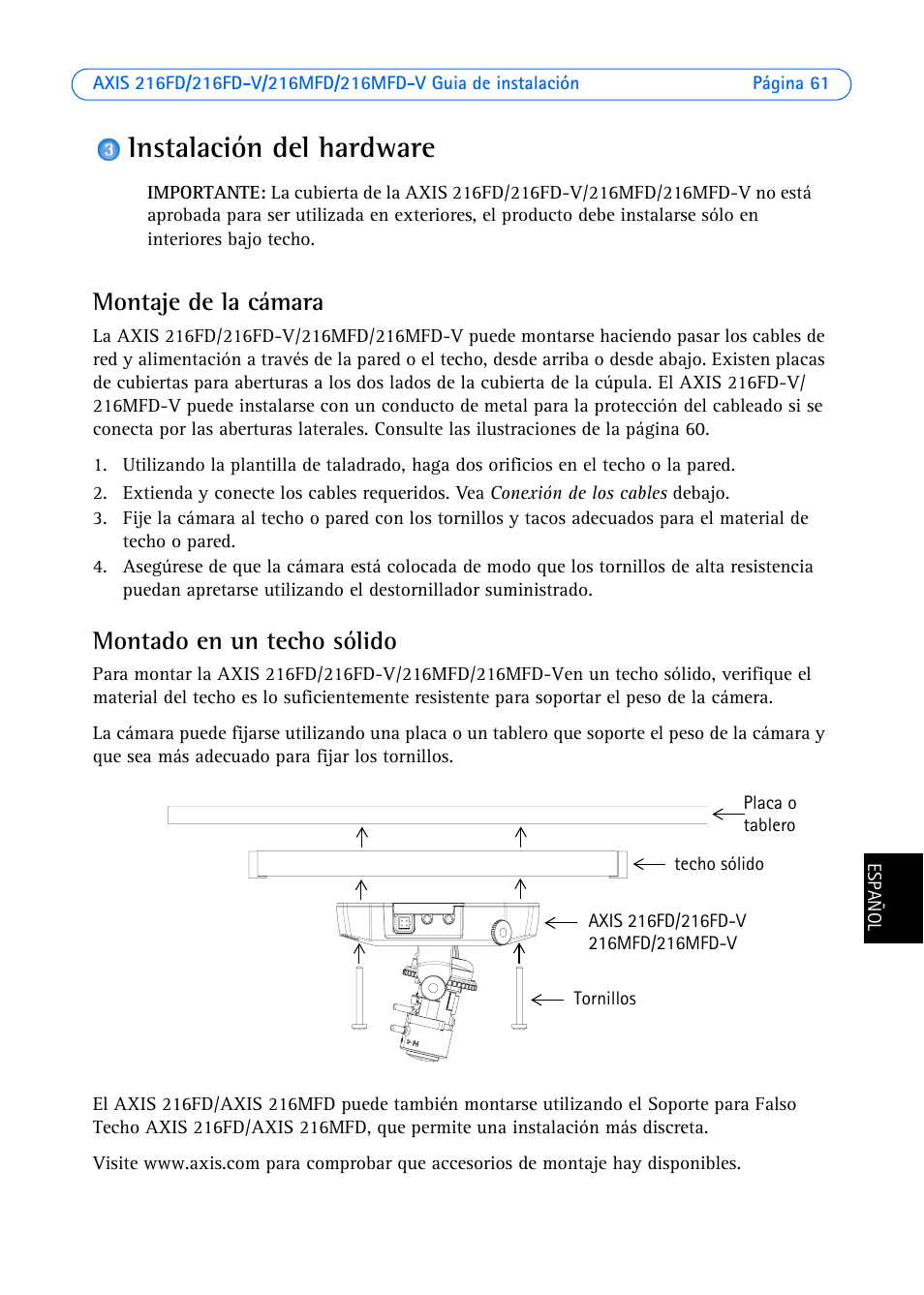 Instalación del hardware, Montaje de la cámara, Montado en un techo sólido | Axis Communications Axis 216FD User Manual | Page 61 / 74