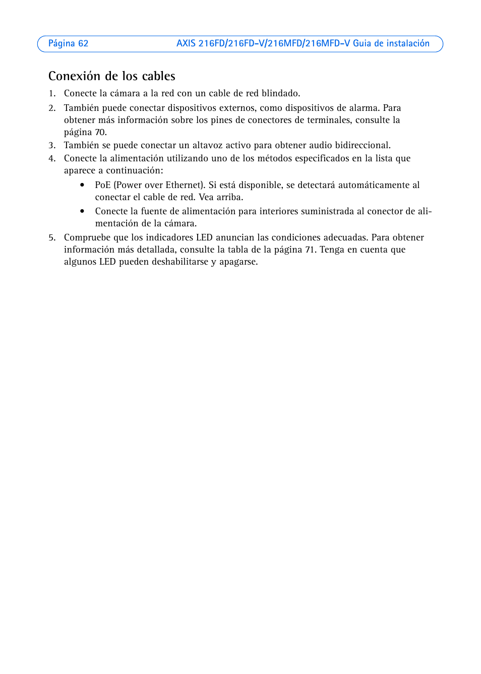 Conexión de los cables | Axis Communications Axis 216FD User Manual | Page 62 / 74