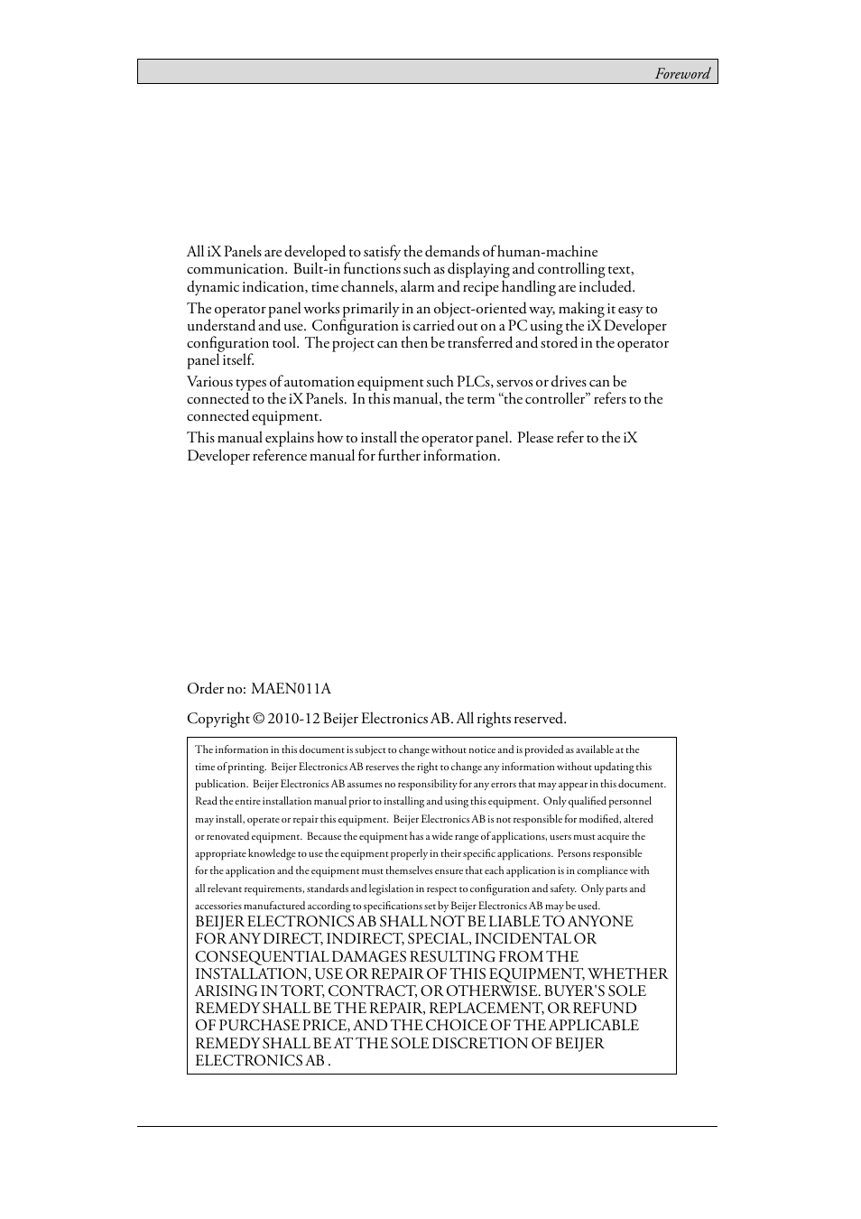 Foreword, Installation manual for ix panel ta150 | Beijer Electronics iX Panel TA150 EN User Manual | Page 2 / 23