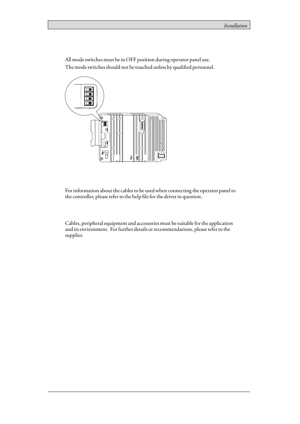 1 mode switches, 2 connections to the controller, 3 other connections and peripherals | Mode switches, Connections to the controller, Other connections and peripherals, Mode, Installation | Beijer Electronics iX Panel TA150 EN User Manual | Page 9 / 23