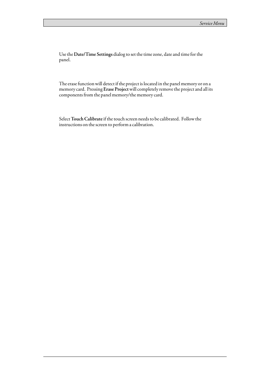 2 date/time, 3 erase project, 4 touch calibrate | Date/time, Erase project, Touch calibrate | Beijer Electronics iX Panel TA70 EN User Manual | Page 28 / 45
