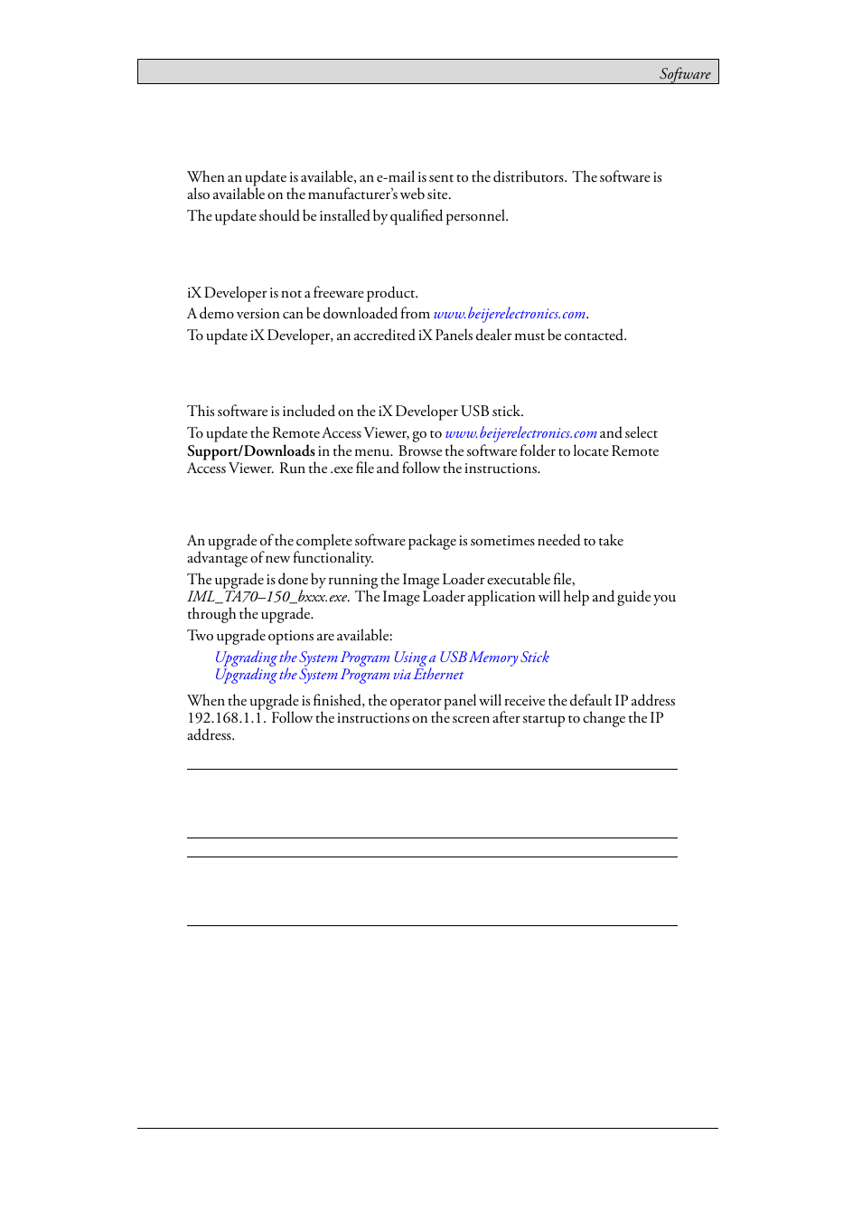 2 update software, 1 ix developer, 2 remote access viewer | 3 system program, Update software, Ix developer, Remote access viewer, System program | Beijer Electronics iX Panel TA70 EN User Manual | Page 41 / 45